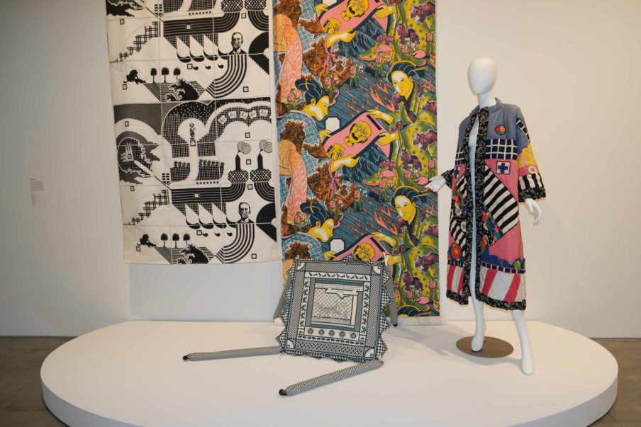 left: Worried man, centre, Nippon Moon Landing, both silkscreen, running yardage; right appliquéd coat; front: collapsed tea table