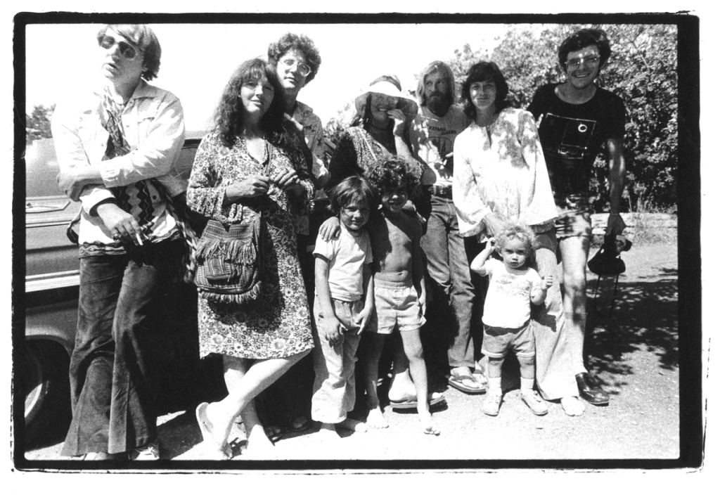 L to R: Darrell Gray, Bobbie Louise Hawkins, Jim Nisbet, Joanne Kyger, Donald Guravich, Nancy Vogel, Alastair Johnston Front: Zeke, Jesse, Travis, 1983
